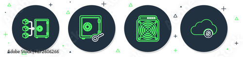 Set line Proof of stake, ASIC Miner, and Cryptocurrency cloud mining icon. Vector