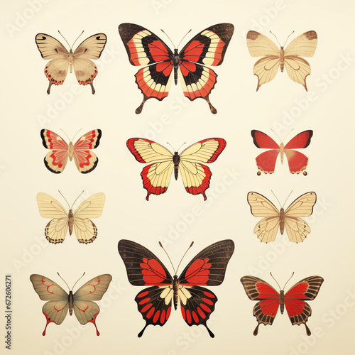 photo of a group of butterflies flying over each other, in the style of vintage poster style © Avalga