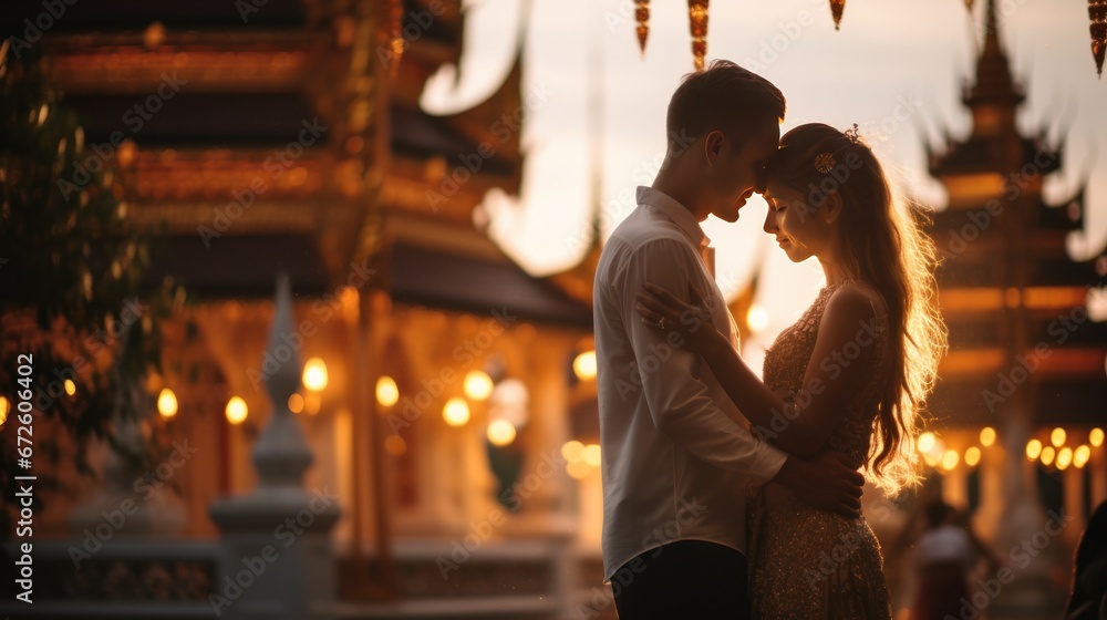 The American bride and groom are dressed in traditional Thai clothing.