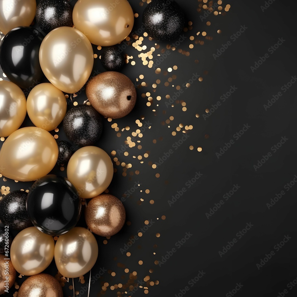 AI generated illustration of gold, black balloons on a black background AI generated illustration of gold, black balloons on a black background