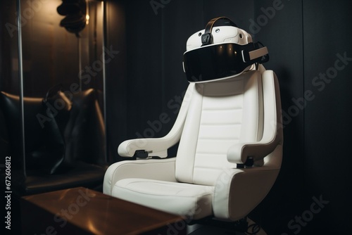 Virtual reality goggles on top of a gaming chair. Generative AI
