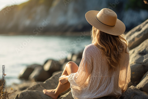Back view of girl in straw hat sitting on rocky beach, soft light photography