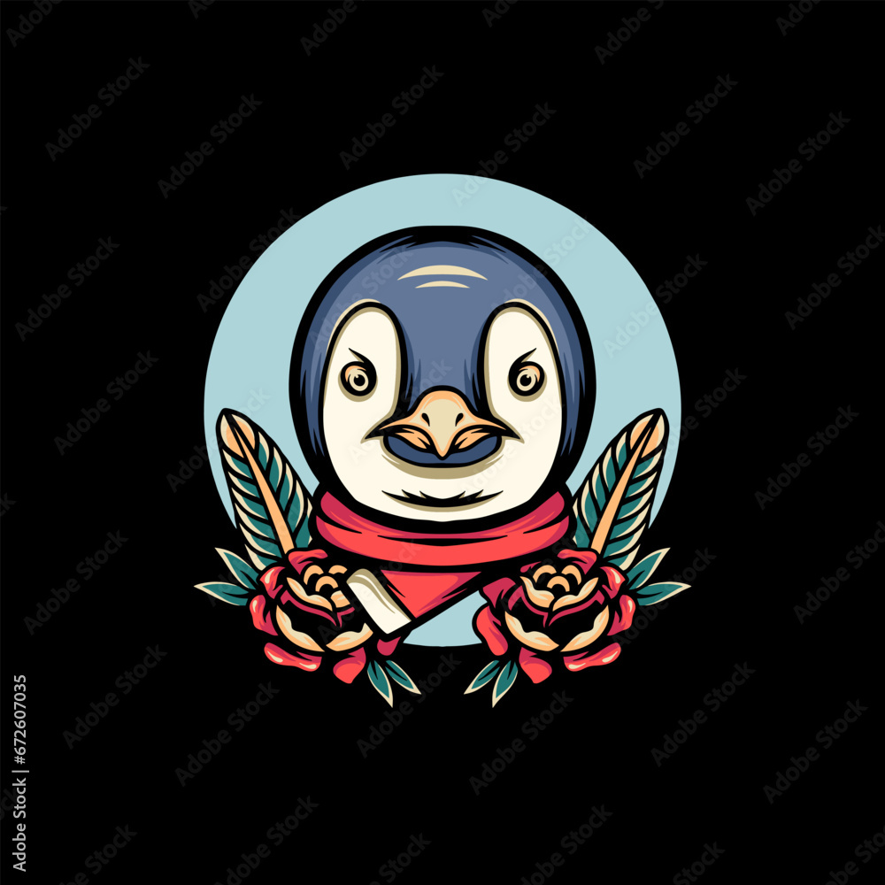 Fototapeta premium Penguin Christmas And Roses Retro Illustration