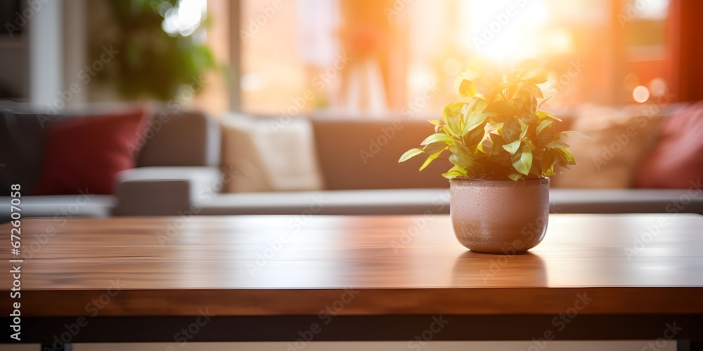 Empty coffee table mock-up in a living room early morning light blurred background - Generative ai Empty coffee table mock-up in a living room early morning light blurred background - Generative ai