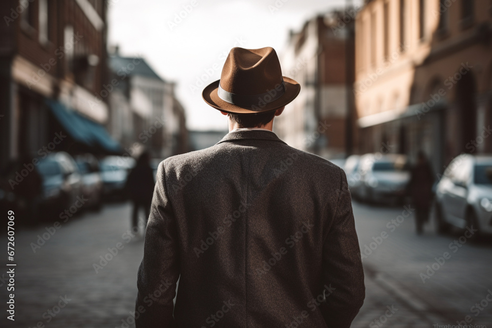 Back view of unrecognizable stylish young man walking away looking ahead