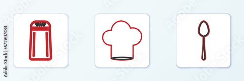 Set line Spoon, Salt and pepper and Chef hat icon. Vector
