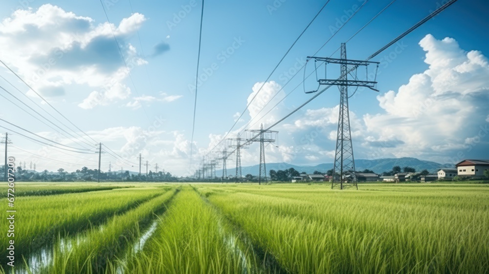 High-voltage electric poles and rice fields - obrazy, fototapety, plakaty 