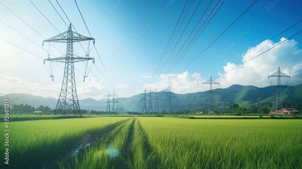 High-voltage electric poles and rice fields