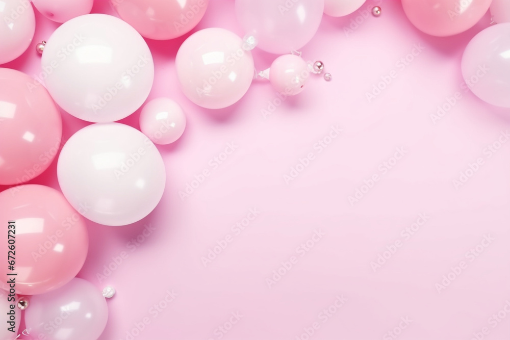 Balloons on pastel pink background, Frame made of white and pink balloons, Birthday, valentines day, holiday concept, Flat lay, top view, aesthetic look