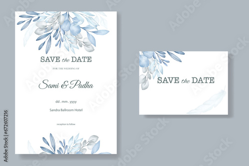 blue winter leaves watercolor wedding invitation