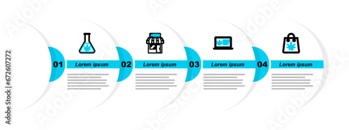 Set line Shopping bag of marijuana, Online buying, Marijuana and cannabis store and Test tube with icon. Vector