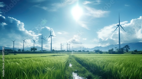 Solar wind turbines and rice fields wide angle lens natural lighting