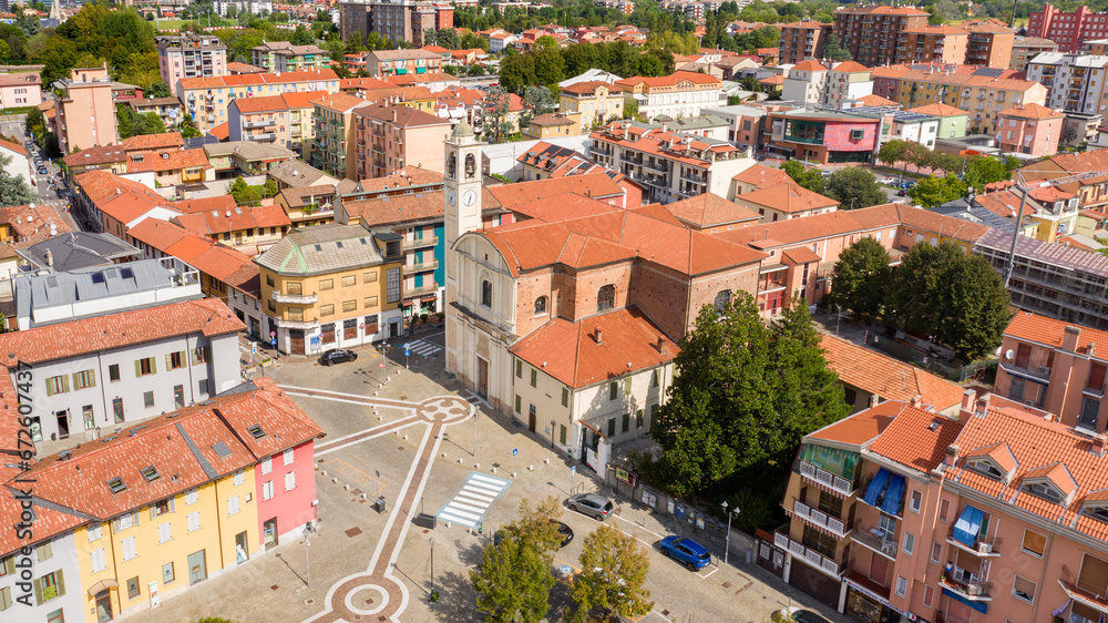 Aerial view of the parish church of San Remigio in Vimodrone, in the metropolitan city and archdiocese of Milan, Italy. This Catholic place of worship is part of the deanery of Cologno Monzese.