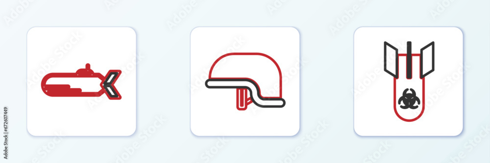 Set line Biohazard bomb, Submarine and Military helmet icon. Vector Set line Biohazard bomb, Submarine and Military helmet icon. Vector