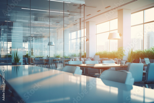 Beautiful blurred background of a light modern office interior with panoramic windows and beautiful lighting, aesthetic look © alisaaa