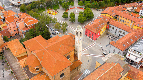 Aerial view of the parish church of San Remigio in Vimodrone, in the metropolitan city and archdiocese of Milan, Italy. This Catholic place of worship is part of the deanery of Cologno Monzese.