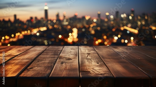 Wooden plank illuminated by the bright lights of a city skyline, AI-generated.