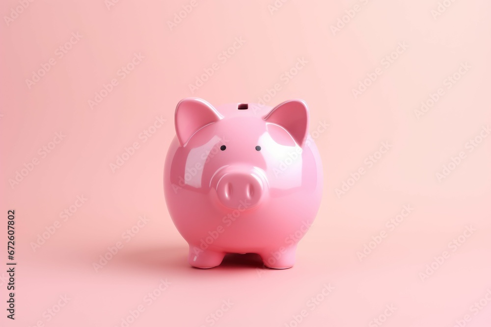 Pink piggy bank sitting on a pastel-colored background, AI-generated.