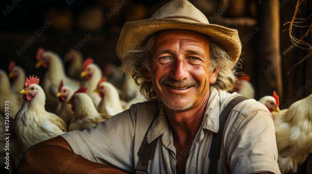 Cheerful farmer amongst free-range chickens in green field.