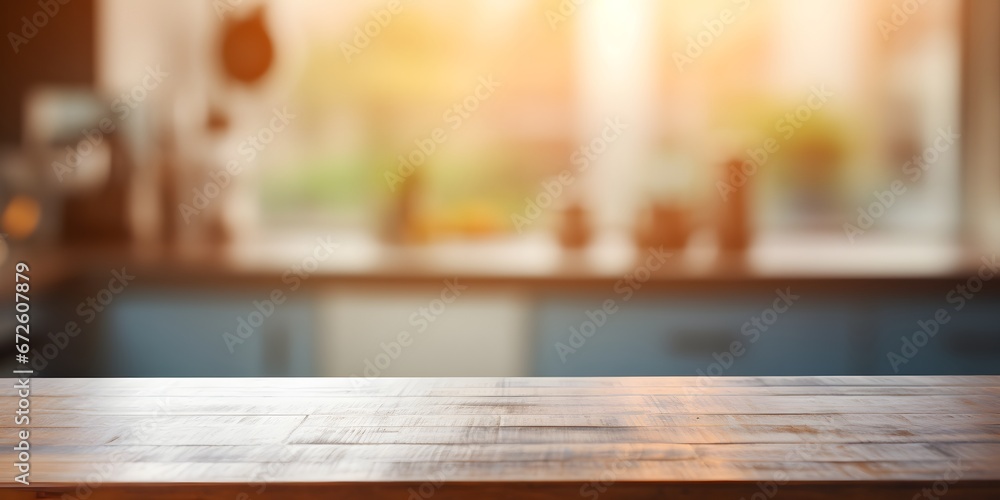 Empty kitchen table mock-up in early morning with a light blurred background - Generative ai Empty kitchen table mock-up in early morning with a light blurred background - Generative ai