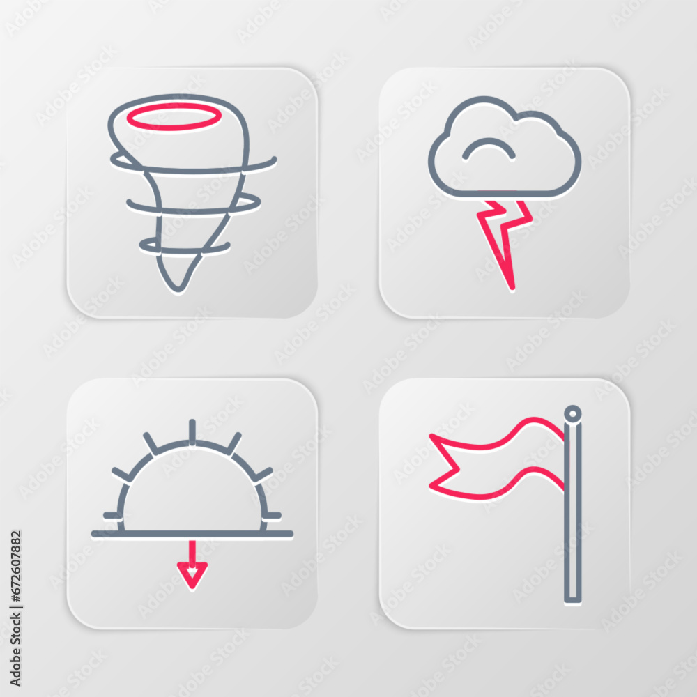 Set line Meteorology windsock wind vane, Sunset, Storm and Tornado icon. Vector