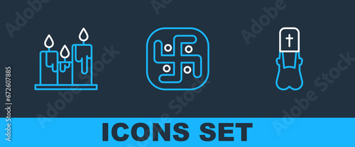 Set line Priest, Burning candles and Jainism icon. Vector