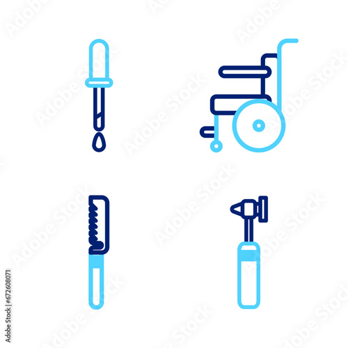 Set line Medical otoscope tool, saw, Wheelchair for disabled person and Pipette icon. Vector