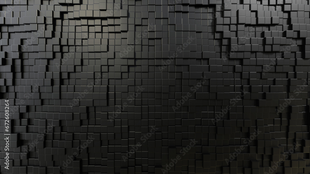3D Futuristic cubes black background Abstract geometric grid pattern.