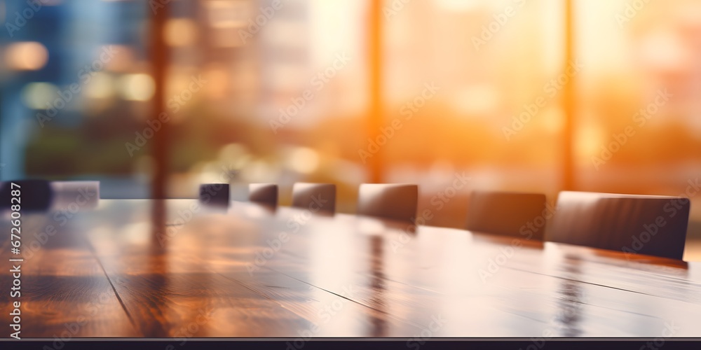 Empty meeting room table mock up in early morning light blurred background - Generative ai Empty meeting room table mock up in early morning light blurred background - Generative ai