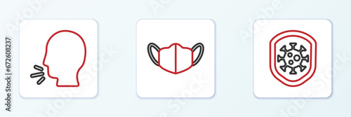 Set line Shield protecting from virus, Man coughing and Medical protective mask icon. Vector