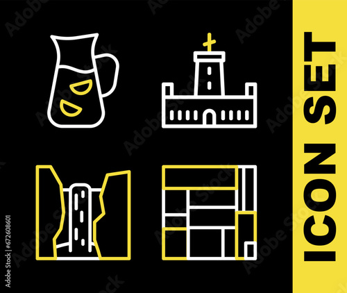 Set line Montjuic castle, House Edificio Mirador, Algar waterfall and Sangria icon. Vector