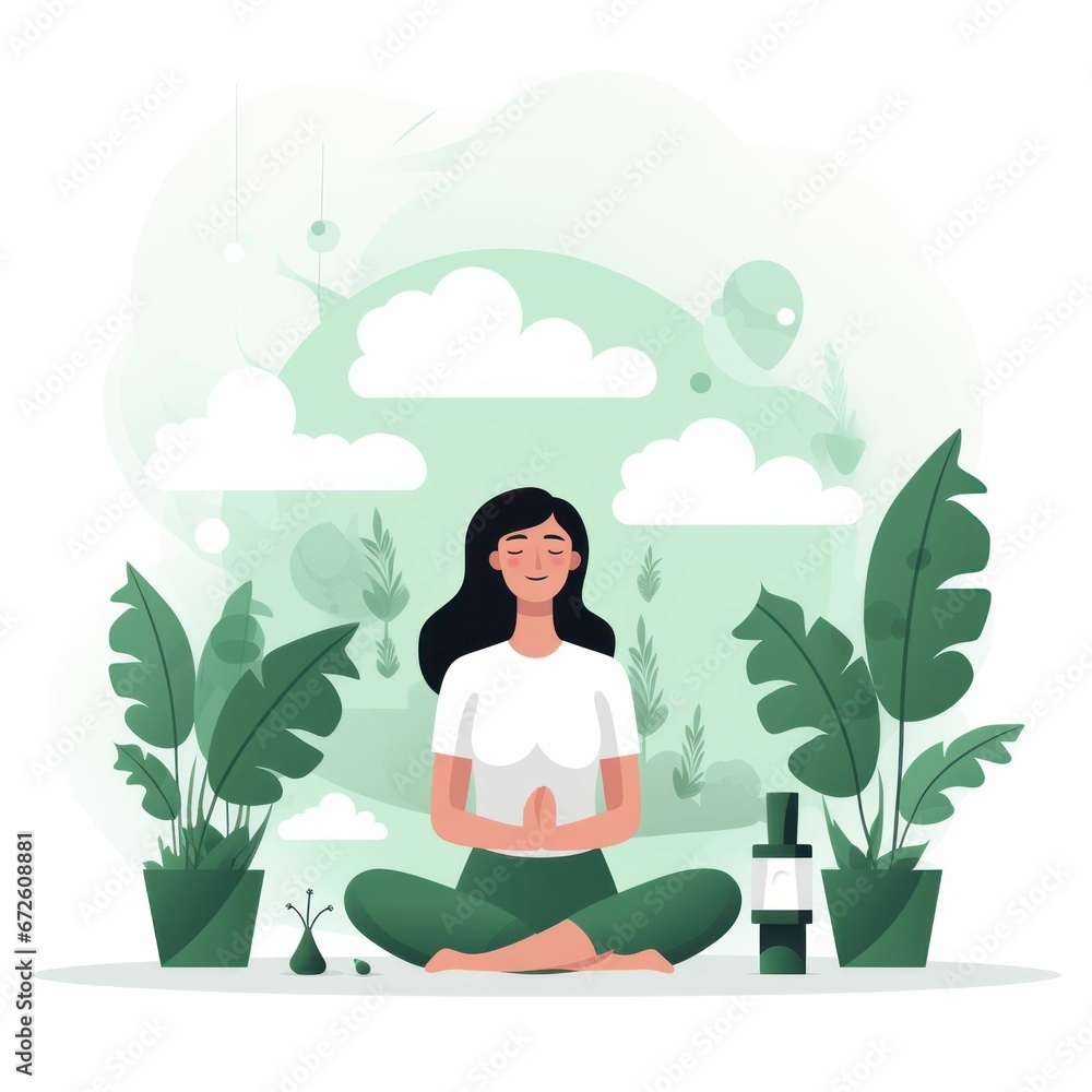 AI generated illustration of a woman meditating, sitting among green plants