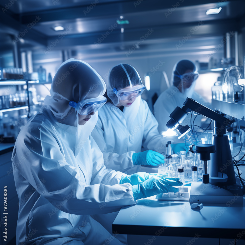 Health care researchers working in life of medical science laboratory wearing white lab coats and protective goggles in blue shade lighting Health care researchers working in life of medical science laboratory wearing white lab coats and protective goggles in blue shade lighting