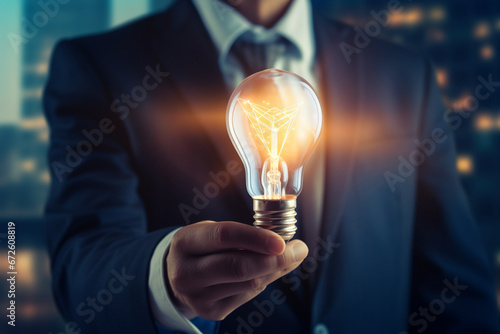 businessman hold light bulb inspired by innovative business idea, male boss or director motivated with successful startup in office, innovation, energy save concept, aesthetic look