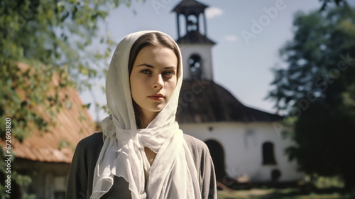 Portrait of a girl in a white kerchief near the temple. Generative AI. photo