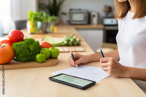 Calories counting , diet , food control and weight loss concept, woman using Calorie counter application on tablet at dining table with fresh vegetable and calculator