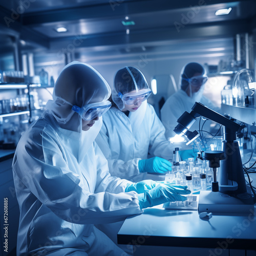 Health care researchers working in life of medical science laboratory wearing white lab coats and protective goggles in blue shade lighting