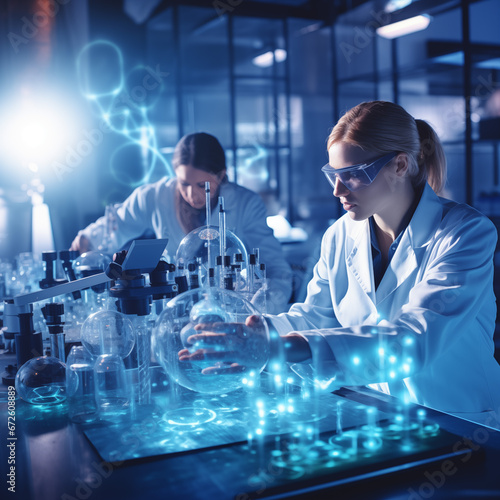 Health care researchers working in life of science laboratory wearing white lab coats