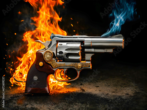 A cold revolver with fire on black background photo