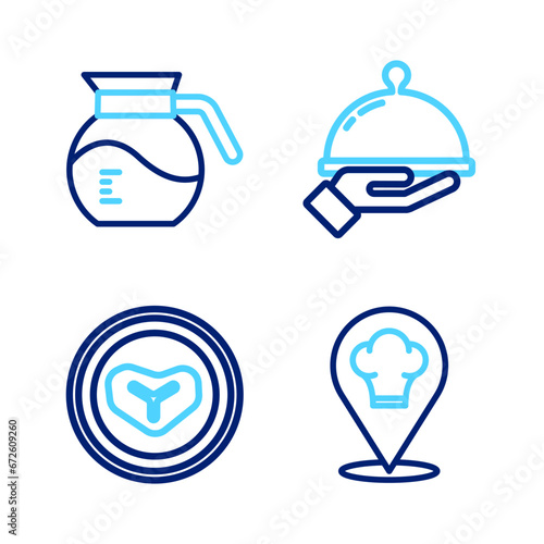 Set line Chef hat with location, Steak meat plate, Covered tray of food and Coffee pot icon. Vector