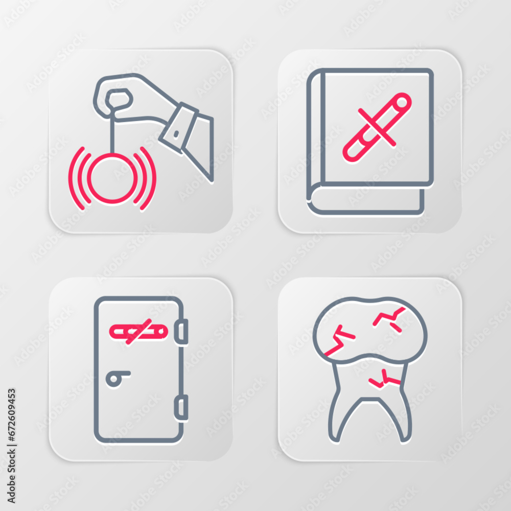 Set line Tooth with caries, No smoking area, Book stop cigarette and Hypnosis icon. Vector Set line Tooth with caries, No smoking area, Book stop cigarette and Hypnosis icon. Vector
