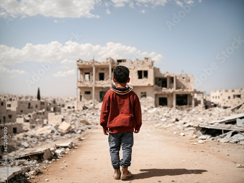 A poor orphan child in a destroyed city during war photo