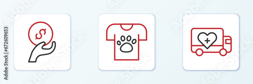 Set line Humanitarian truck, Donation and charity and Animal volunteer icon. Vector