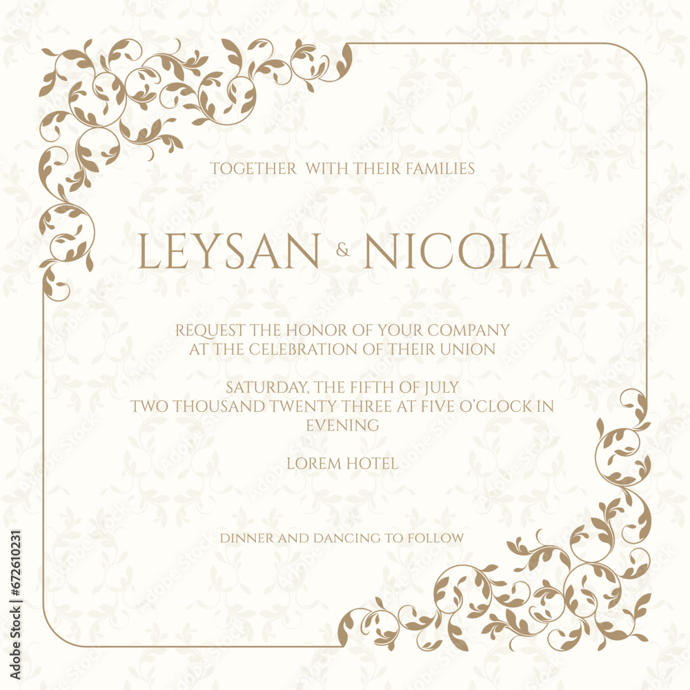 Invitation card with floral frame on seamless background. Classic design page.
Invitation card with floral frame on seamless background. Classic design page.
