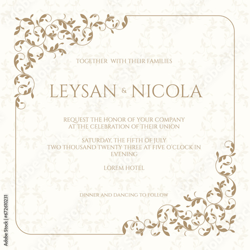 Invitation card with floral frame on seamless background. Classic design page.
