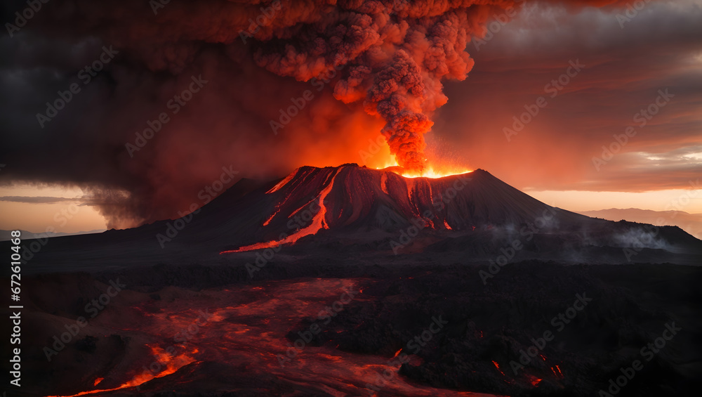 Fiery red-orange volcanic eruption against a twilight sky.