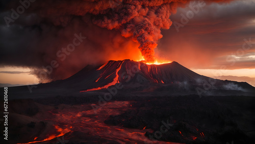 Fiery red-orange volcanic eruption against a twilight sky. © xKas
