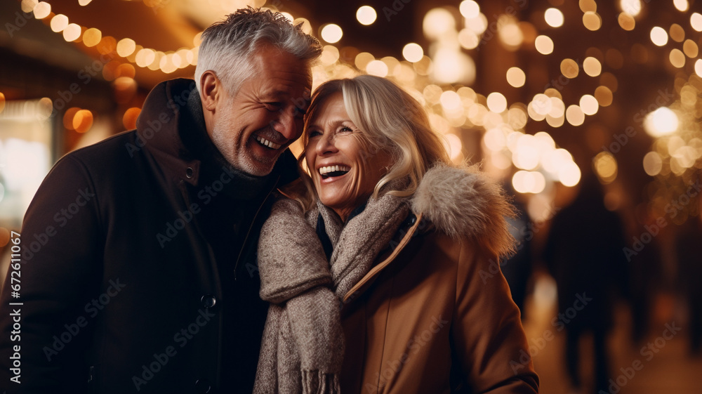 couple in love walks the city at night on the eve of Christmas. couple in love walks the city at night on the eve of Christmas.
