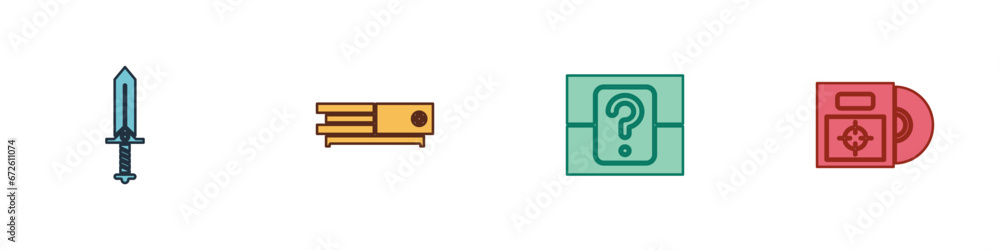 Set Sword for game, Video console, Mystery random box and CD DVD disk in icon. Vector Set Sword for game, Video console, Mystery random box and CD DVD disk in icon. Vector