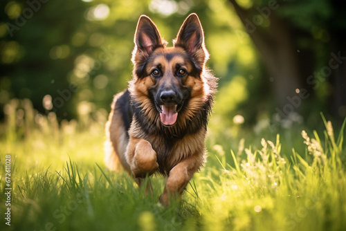 Closeup portrait of a cute german shepherd dog running on the grass, aesthetic look